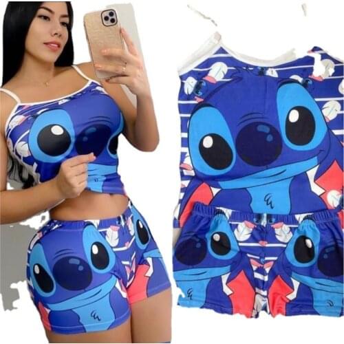 Disney Stitch women clothing 2021Summer new women pink vest casual sexy cute cartoon printed shorts mickey women shorts suit