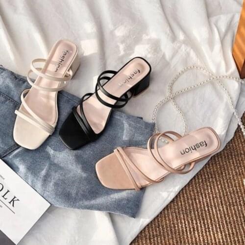 2021 Summer Sandal Slippers Women Square Toe Low Heel Ladies Shoes High Heel Womens Sandals Size 34-42 Sapato Feminino