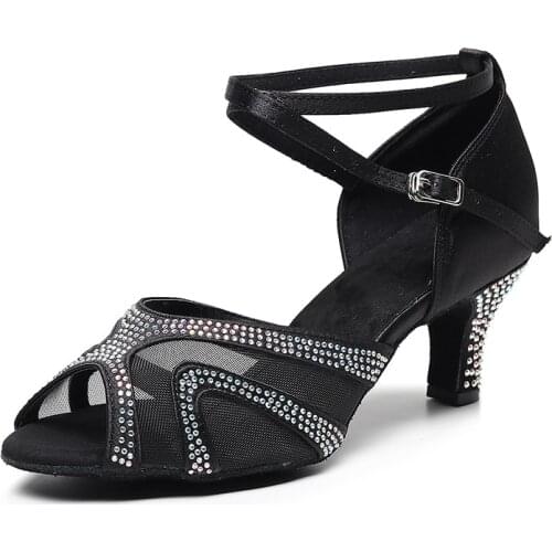 Woman Black Rhinestone Latin Dance Shoes For Girls Silk Bachata Salsa Shoes For Dancing Kids Prataice Latino Shoe For Ladies