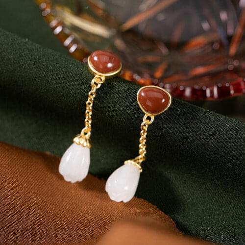Natural South Red Agate Earrings Court Princess Style Sterling Silver Gilding White Jade Magnolia Womens Classic Frosted Silver