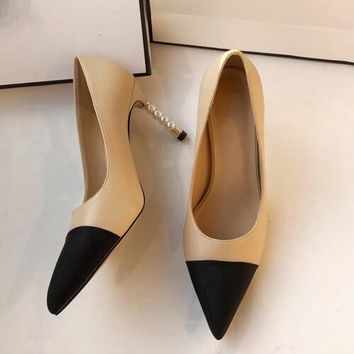 2021 Sexy Pointed Toe High Heel Shoes Woman Black Leather Thin Heels Designer Pumps White Pearls Decorations Party Dress Heels