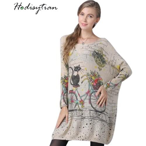 Hodisytian Woolen Women Knitted Sweater Cartoon Cat Pullovers Jumper Tops Outerwear O neck Casual Loose Tunic Female Oversize