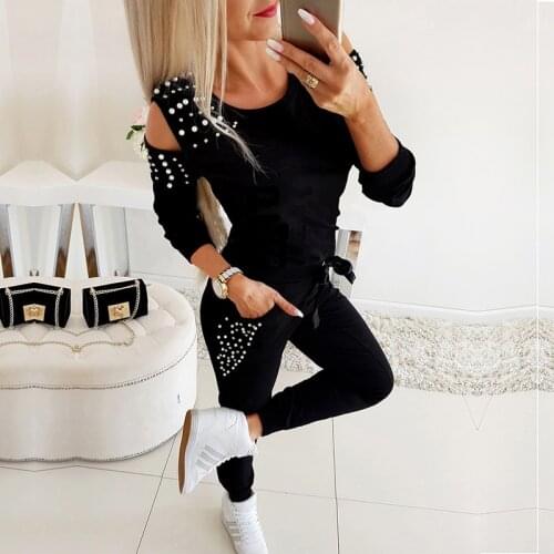 Tracksuit Women 2 Piece Set Fashion Beading Two Piece Set Casual Long Sleeve Cold Off Shoulder Tops and Long Pants Chandal Mujer