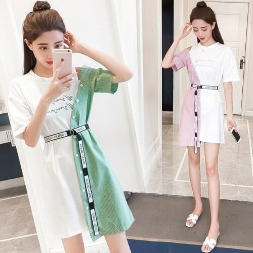 Summer Patchwork t Shirt Dress Women Korean Sashes Streetwear Fashion Personality Short Sleeve Crew Neck 2020 Hot New