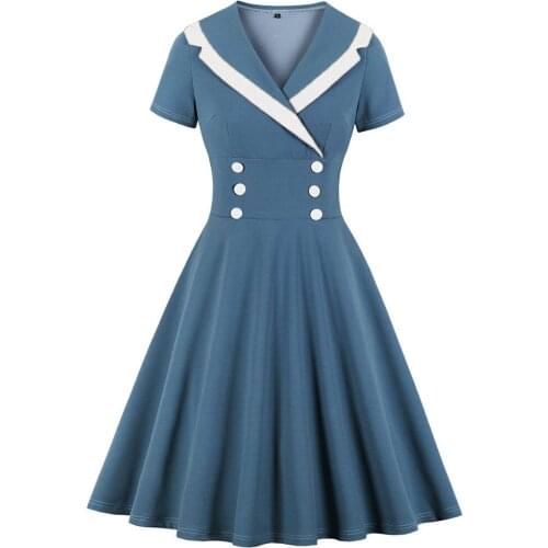 Women Summer Dresses Short Sleeve Sailor Collar Navy Blue Ladies Elegant Party Dress Rockabilly Vintage Retro Dress Women Casual