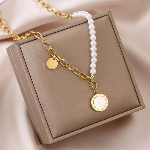 316L Stainless Steel Roman Numeral Pendant Pearl Double Necklace Bracelet Set Ladies Jewelry Set