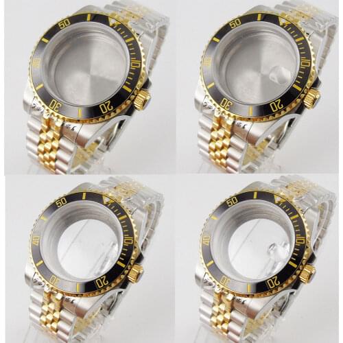 40mm Mens Wristwatch Case parts with steel bracelet fit for NH35 NH36 golden plated two-tone sapphire glass ceramic bezel