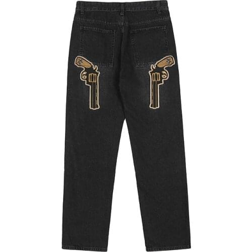 Gun and Stars Embroidery Retro Casual Denim Trousers for Men and Women Straight Harajuku Hip Hop Loose Jeans Pants Oversize