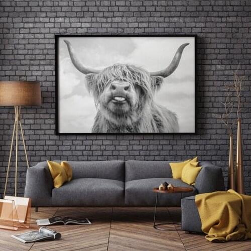 Highland Cow Cattle Wall Art Canvas Painting Black White Posters and Prints Scandinavian Wall Animal Pictures for Living Room