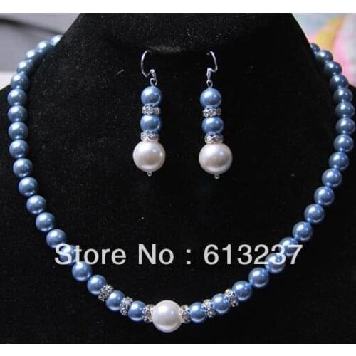 Perfect 8mm blue shell simulated-pearl party romantic necklace earring women elegant round beads jewelry making 18inch YE00001
