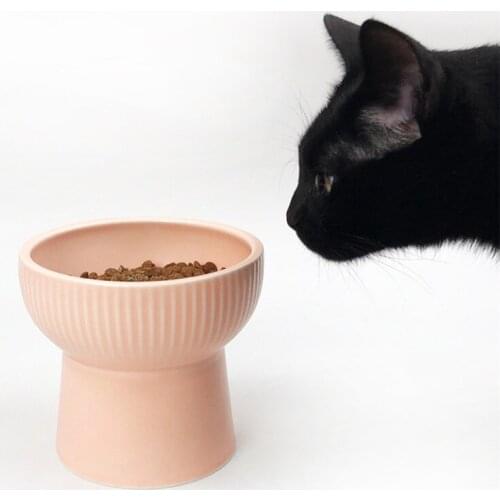 Japanese Style Ceramic High Foot Cat Food Bowl Creative Simple Stripe Dog Water Drinking Bowl Neck Protection Pet Feeding Bowl