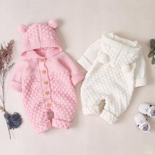 Autumn Infant Baby Girls Long Sleeve Knitted Solid Print Hoodie Rompers Sweater Kids Boys Jumpsuit New