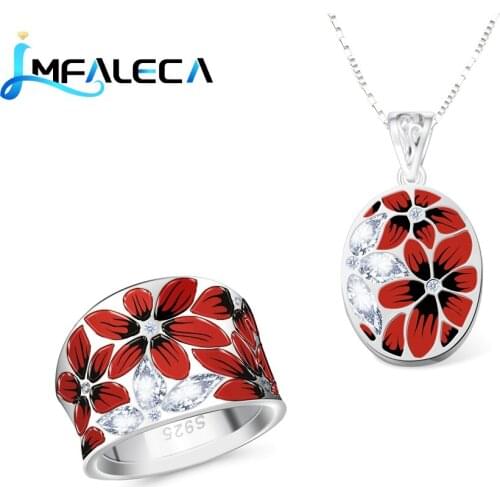 LMFALECA Women Silver Necklace Ring Sets Red Enamel Flowers Decoration 925 Silver Chain Pendant With Zircon Luxury Fine Jewelry