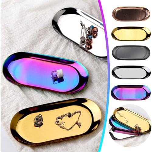 Nordic Storage Tray Stainless Steel Oval Dessert Snacks Storage Tray Plate Dish Jewelry Earring Ring Sundries Organizer Case