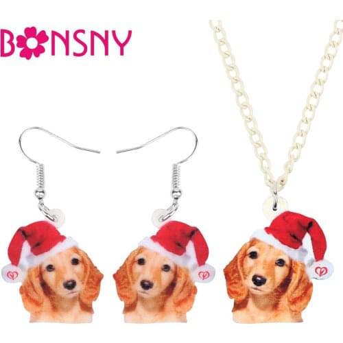Bonsny Acrylic Christmas Hat Dachshund Dog Jewelry Sets Necklace Earrings Animal Jewelry For Women Girls Teen Kid Gift Accessory