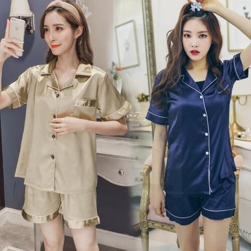 Solid color silk-like pajama sets women set short sleeve two-piece silk womens household pajamas