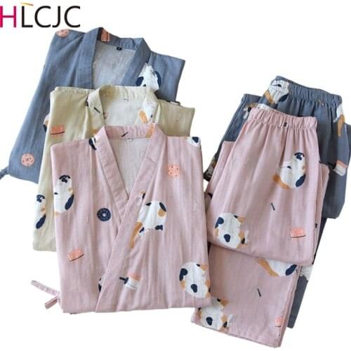 Kimono Sleepwear Man Women Couples Japanese Traditional Yukata Robes Gauze Pajamas Sets Cute Cats Print Nightgown Pyjamas Femme
