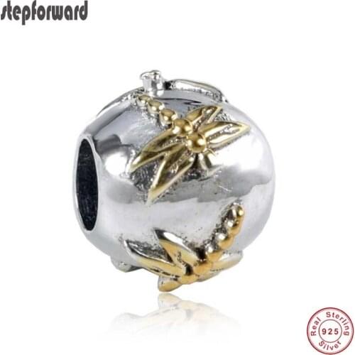 Superior Quality Gold color Dragonfly Pattern 925 Sterling Silver Ball Charm For European Chain