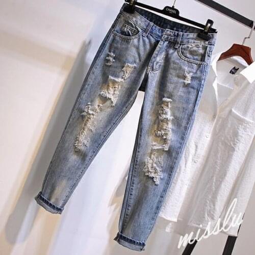 Ripped Jeans Women Loose Korean Version of The New High-waist All-match Slimming Harlan Straight Leg Pants Mom Jeans
