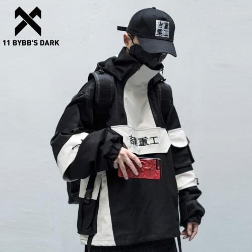 11 BYBBS DARK Patchwork Hip Hop Streetwear Hoodies Men 2020 Color Block Mulit Pockets Harajuku Japanese Hooded Jackets Coats