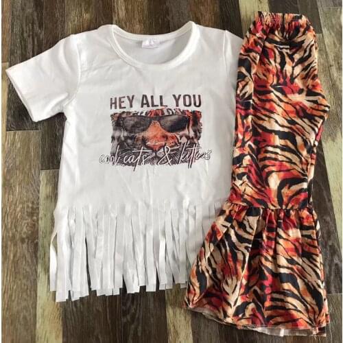 Spring Summer Girls Clothing Outfit Tiger Print Short Sleeved Tiger Flared Pants Set with tassels