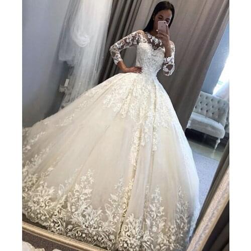 Vintage Long Sleeves Wedding Dresses Sheer Neck Puffy Ball Gown Vestido de noiva Appliques Princess robe de mariée Custom Made