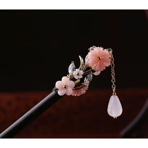 Chinese style vintage pink stone tassel handmade wooden hairpin hair sticks Hair accessories Headwear for kimono COSPLAY