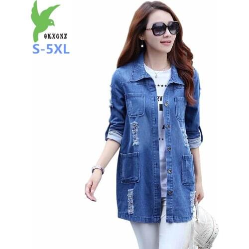 Plus size S-5XL Basic Long Jeans Coats Women Ripped Denim Jacket Femme Vintage Frayed Jackets Hole Outwear Casacos Feminino G401