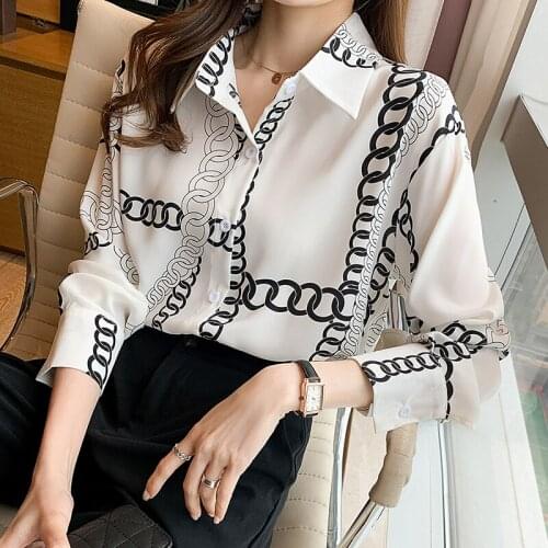 Autumn 2021 New Chain Printed Women Chiffon Shirt Long Sleeve Office Lady Dress Shirts Straight Work Wear Clothes Black White