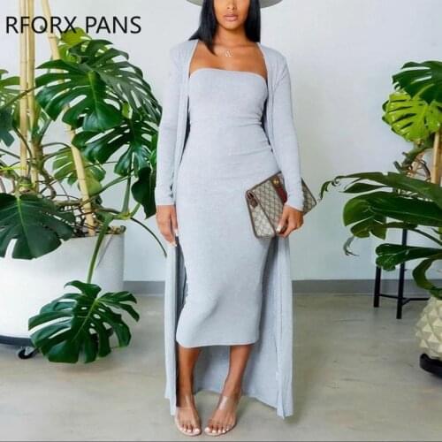 Women Chic Casual Cardigan Strapless Long Sleeves Rib-knit Bodycon Midi Dress Sets