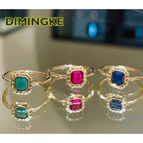 DIMINGKE Natural Ruby Blue Crystal Emerald Ring S925 Sterling Silver 10K Gold Party Woman Birthday Gift