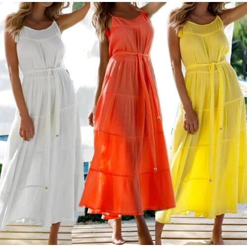 Women Summer Maxi Dress, Adults Sleeveless Belted Solid Color Spaghetti Strap U-shaped Neck