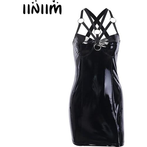 Iiniim Women Femme Gothic Strappy O-Ring Bodycon Dress Wet Look Patent Leather Mini Dresses Rock Concert Club Wear Costumes