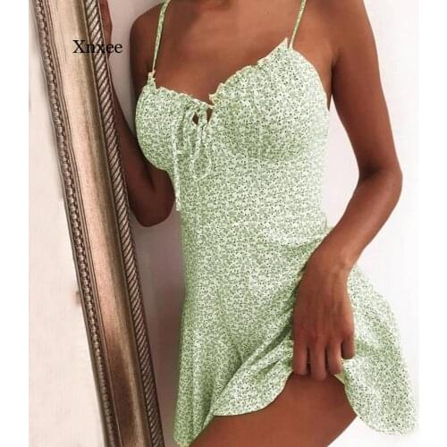 Women A-Line Lace Up Mini Dress Ruffle Summer V Neck Sexy Floral Print Shoulder Party Slim Dress Femme Backless Short Dresses