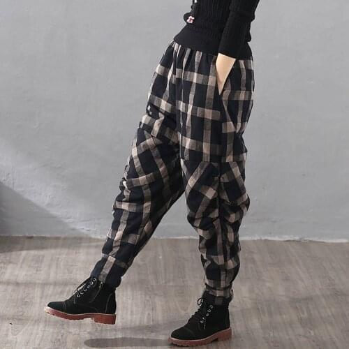 Winter Plaid thickened cotton hemp loose cotton baggy pants worn outside wrinkled cotton pants Vintage Harlem cotton pants women
