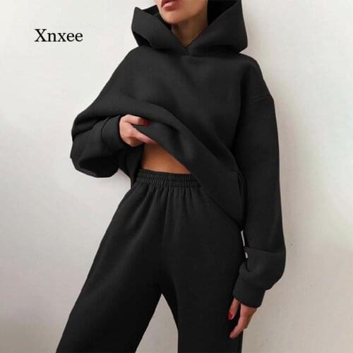 Winter New Ladies Elegant Solid Color Suit Long-Sleeved Warm Hoodie Sweatshirt and Trousers Fashion Two-Piece Suit for Ladies