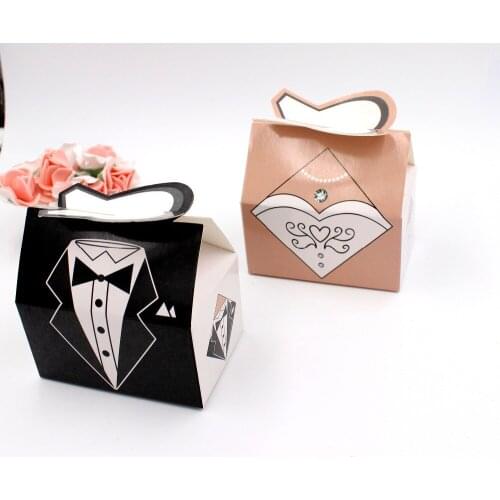100pcs New European Pink/Black Dress&Tuxedo Bride Groom Candy Boxes Bornboniere Wedding Favor Chocolate Gift Box Free Ship