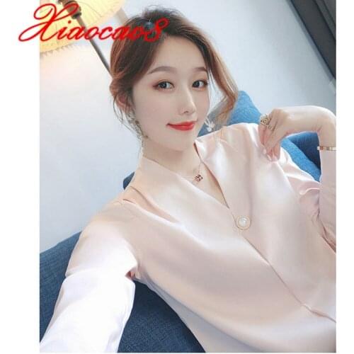 2021 New Spring Silk Pearl Button Blouses Plus Size V Neck Womens Shirt Long Sleeve Female Top Solid OL Style Ropa Mujer
