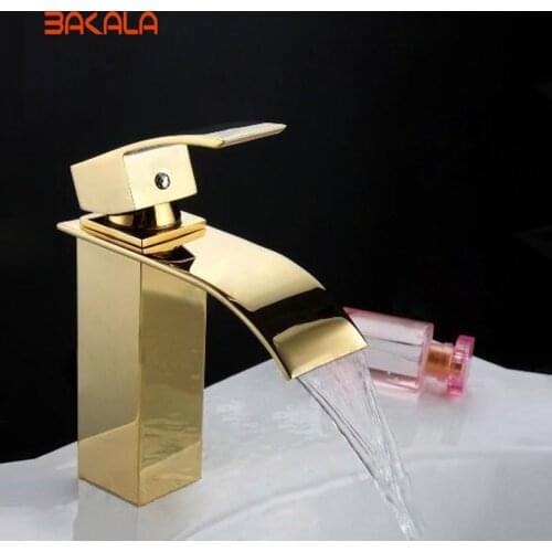 BAKALA Bathroom Basin Sink Waterfall Faucet. Polish Finished Golden Faucet. Brass Made Basin Sink Mixer Tap LT-503K