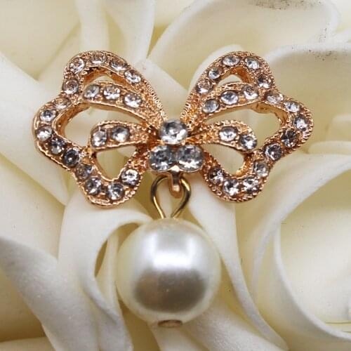 5pc 30*33mm Pearl Alloy Brooch Rose Gold Bow Tassels Rhinestone Button DIY Wedding Decoration Hair Flower Center Scrapbooking