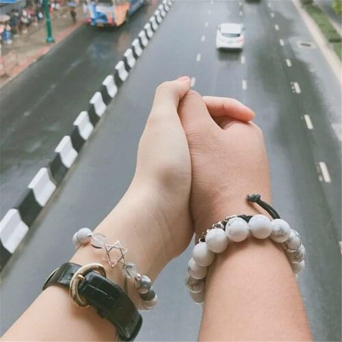 Natural Stone Beads Bracelets & Bangles 925 Silver Star White Turquoise Black Rutilated Quartz Couple Bracelet Lover Jewelry