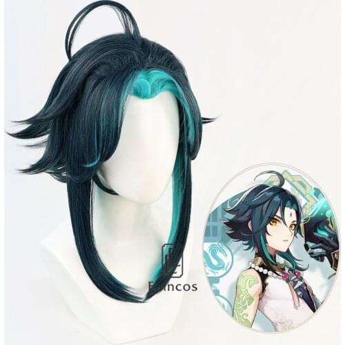 Genshin Impact Xiao Cosplay Wig Dark Green Short Role Play Heat Resistant Synthetic Hair Halloween Carnival Party Wigs Cap