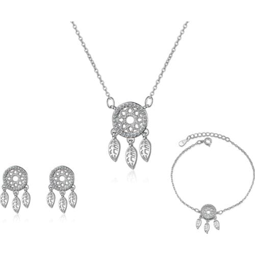 925 Sterling Silver Crystal Dreamcatcher Feather Necklace Earrings Bracelet For Women Girls Jewelry Set Pendientes dz461