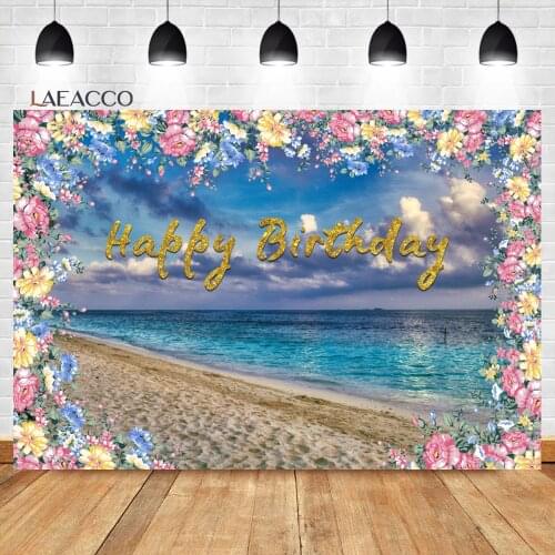 Laeacco Summer Seaside Beach Birthday Party Flowers Photocall Backgrounds Baby Child Portrait Customized Photography Backdrops