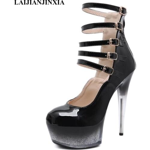 LAIJIANJINXIA New Platform Stripper Heels Short Boots For Women Hollow Patent Leather Nightclub Pole Dance Shoes Gothic Fetish