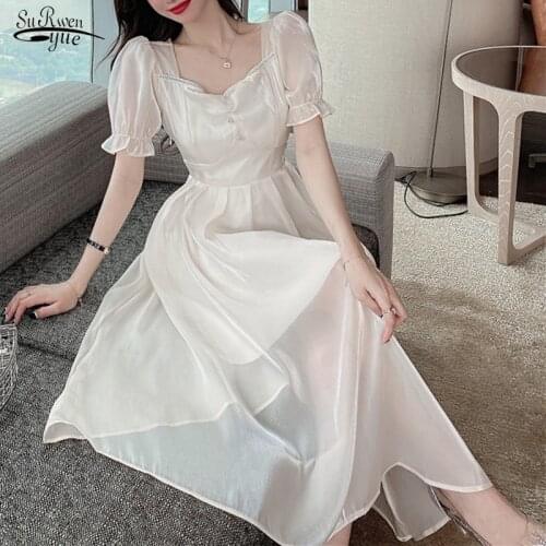 Summer 2021 New Dresses Sweet Square Collar Flare Sleeve Dress Women High Waist Short Sleeve Midi Long Dresses Spring Robe 14088