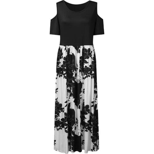 Maxi Dresses Robe Plus Size O-neck Print Stitching Off-shoulder Short Sleeve Dress Patchwork Ankle-length Temperament Vestidos