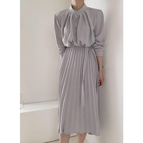 Fashion High Waist Pleated Dress Chic Women Stand Collar Long Sleeve Button Female Vestidos 2021 Autumn Office Ladies Long Dress
