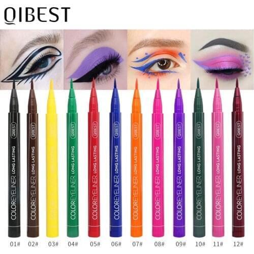 QIBEST Colorful Eyeliner Set Eye Makeup Kit 12 Color Waterproof Long-lasting Makeup Cat Eye Liquid Eyeliner Pencil Cosmetic