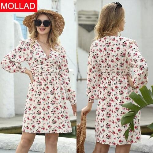 2021 Spring and Summer European and American New Pullover V-neck Long Sleeve Printed Waist-Controlled Midi Dress